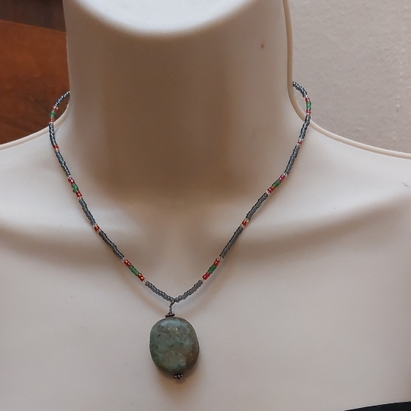 Artisan Jewelry - Artisan Green Chrysocolla Pendant Beaded Choker Necklace Sterling Silver Accent
